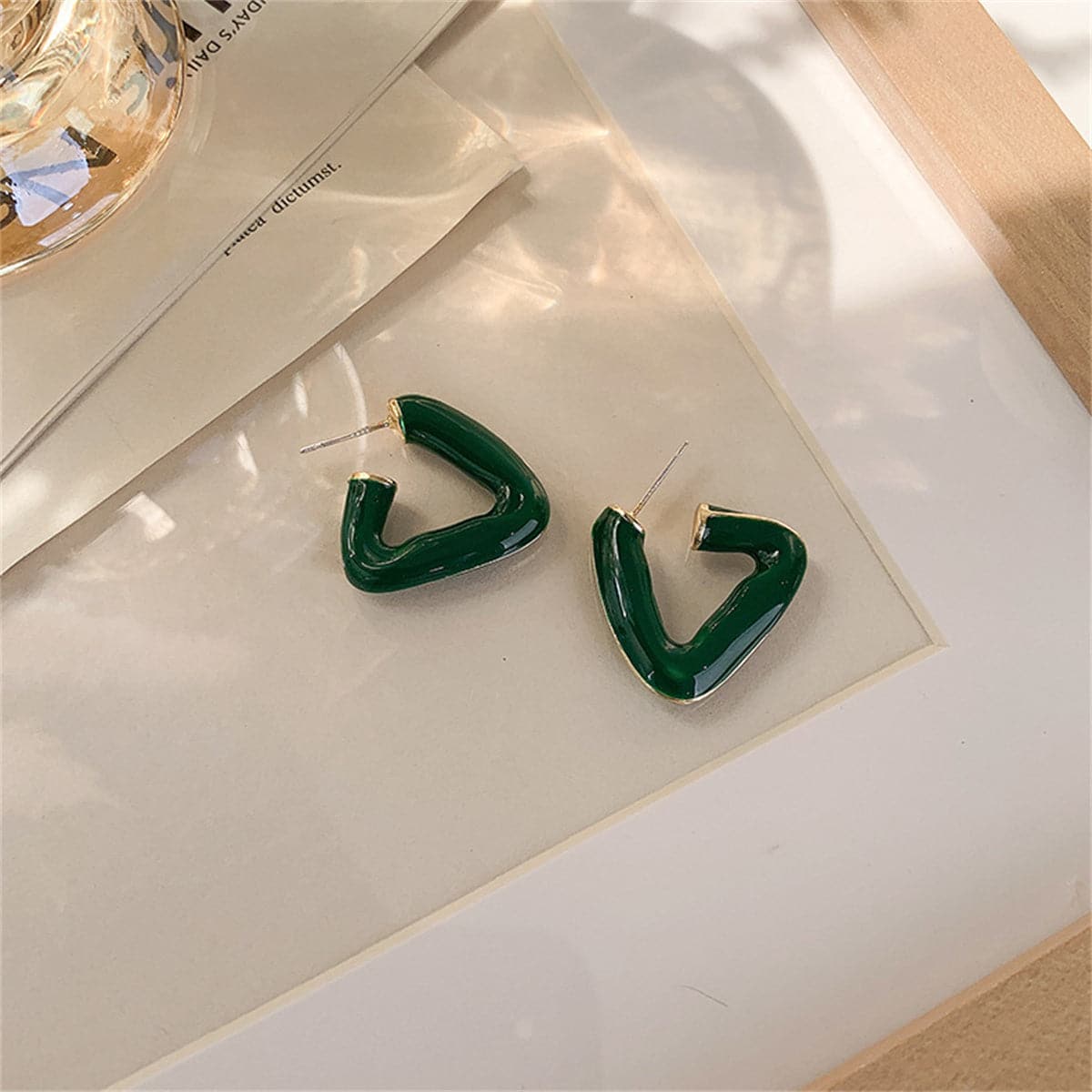 Green Enamel & 18K Gold-Plated Open Triangle Huggie Earrings