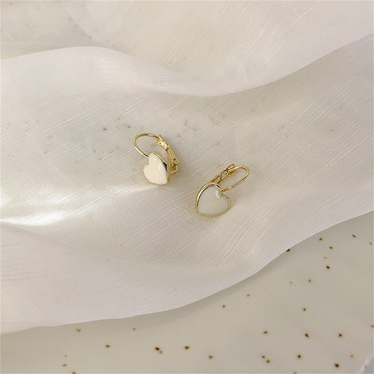 White Enamel & 18K Gold-Plated Heart Huggie Earrings