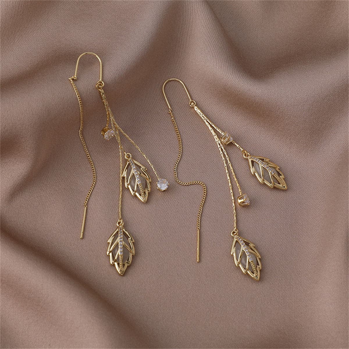 Cats Eye and 18K Gold-Plated Double Leaf Ear Threader Earrings, gold drop earrings for women, botanical inspired, front view