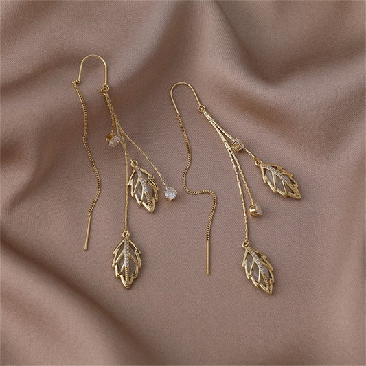 Cats Eye and 18K Gold-Plated Double Leaf Ear Threader Earrings, gold drop earrings for women, botanical inspired, front view
