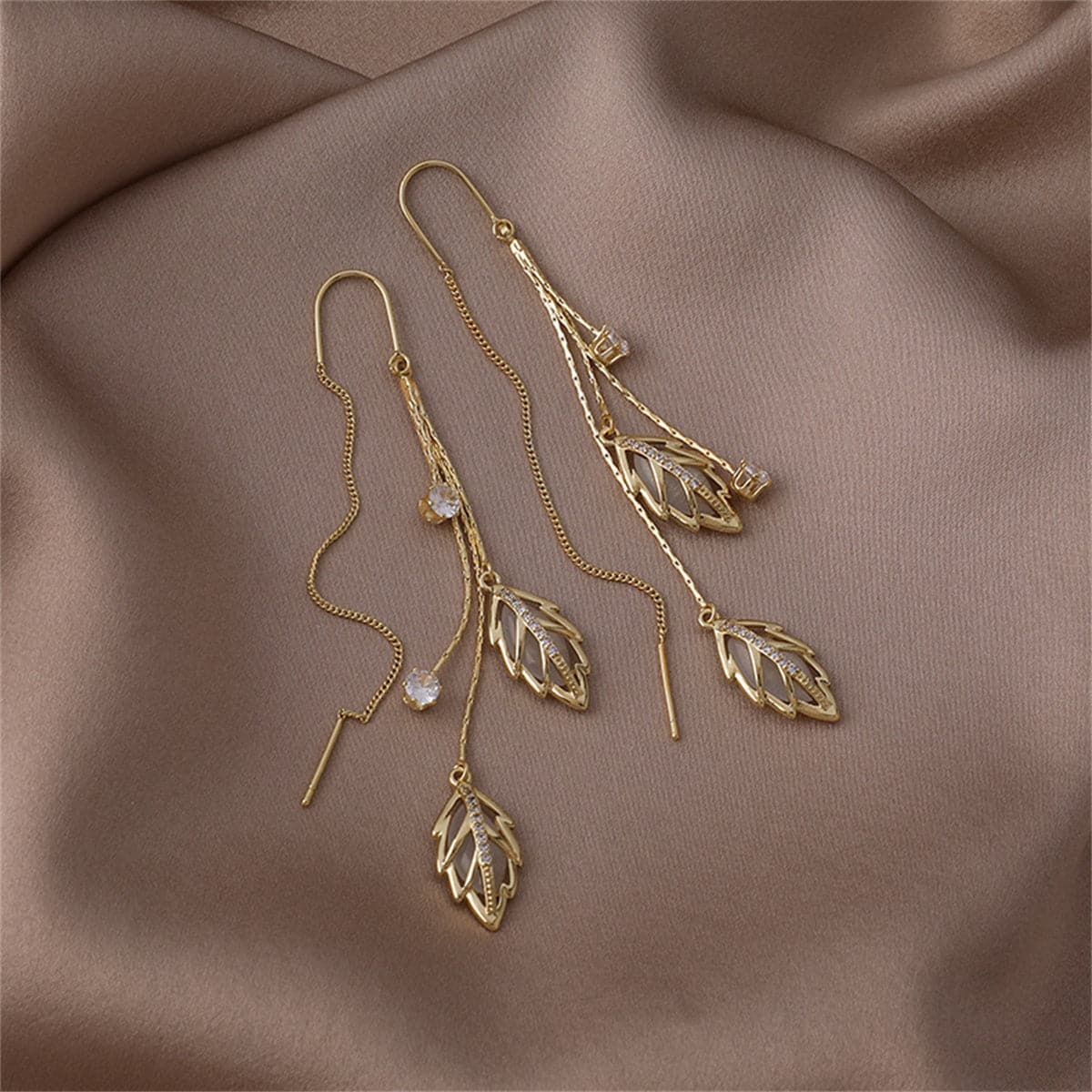 Cats Eye and 18K Gold-Plated Double Leaf Ear Threader Earrings, gold drop earrings for women, botanical inspired, side view