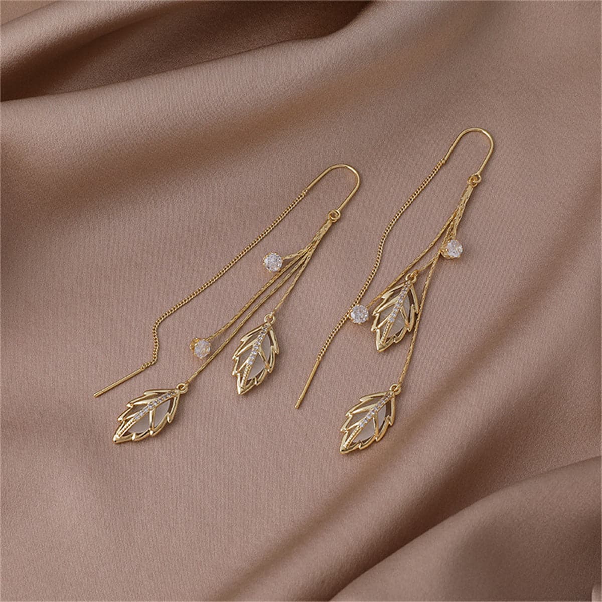 Cats Eye and 18K Gold-Plated Double Leaf Ear Threader Earrings, gold drop earrings for women, detail close-up