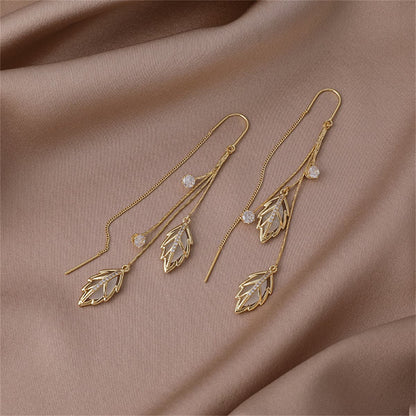 Cats Eye and 18K Gold-Plated Double Leaf Ear Threader Earrings, gold drop earrings for women, detail close-up