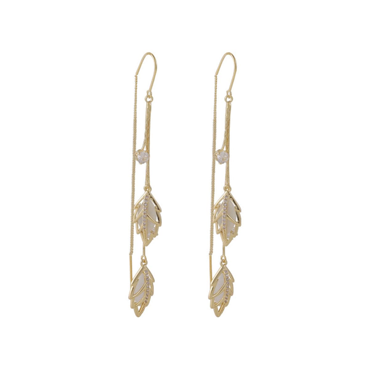 Cats Eye and 18K Gold-Plated Double Leaf Ear Threader Earrings, gold drop earrings for women, lifestyle look