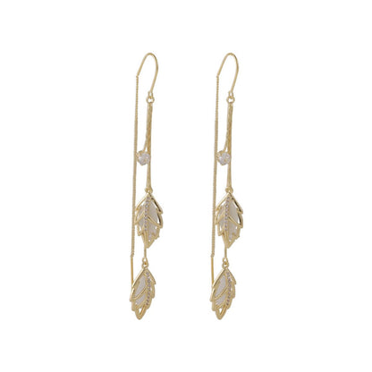 Cats Eye and 18K Gold-Plated Double Leaf Ear Threader Earrings, gold drop earrings for women, lifestyle look