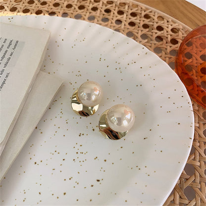 Pearl and 18K Gold-Plated Round Stud Earrings, gold stud earrings for women, everyday style, side view