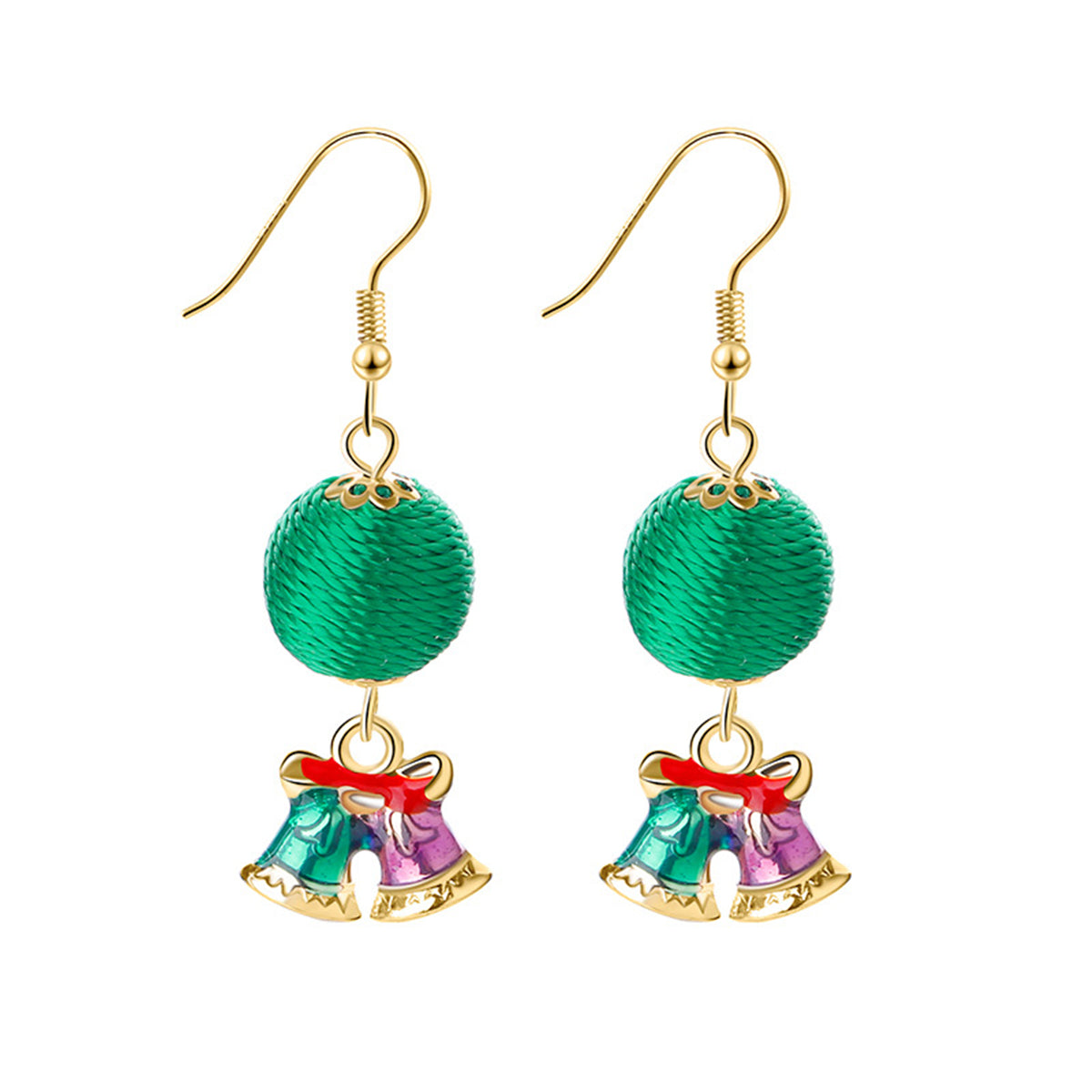 Green Polyster and Enamel 18K Gold-Plated Bells Pom Drop Earrings, gold drop earrings for women, everyday style, front view