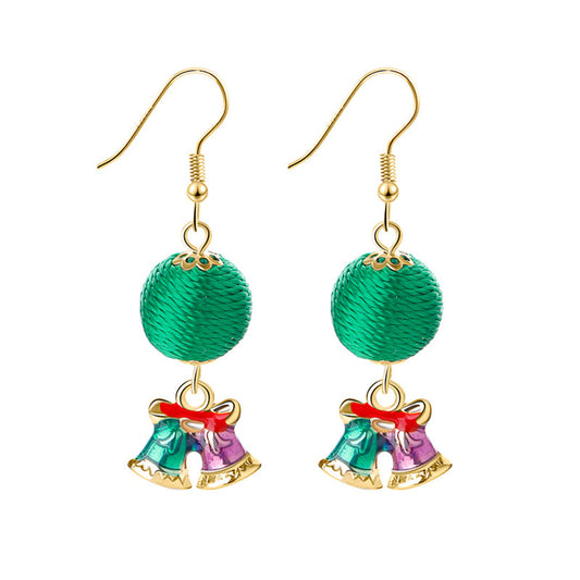 Green Polyster and Enamel 18K Gold-Plated Bells Pom Drop Earrings, gold drop earrings for women, everyday style, front view