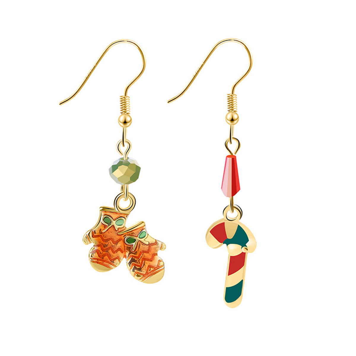 Red Enaeml and 18K Gold-Plated Candy Cane Mittens Drop Earrings, gold drop earrings for women, front view