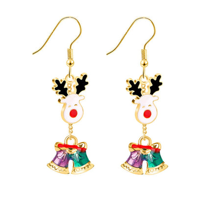 Red Enamel and 18K Gold-Plated Bell and Reindeer Drop Earrings, gold drop earrings for women, botanical inspired, side view