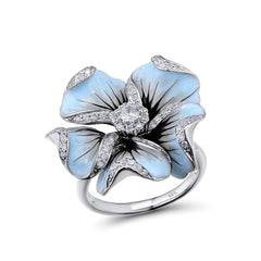 Blue Cubic Zirconia & Silver-Plated Flower Ring