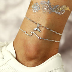 Silver-Plated Wave & Fish Tail Charm Layer Anklet