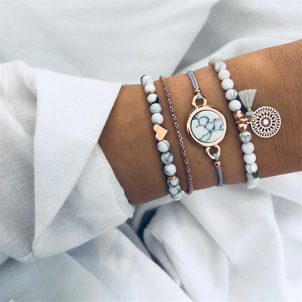White Reconstituted Turquoise & Goldtone Tassel-Accent Bracelet Set