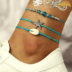 Blue Polyster & Pukka Shell Silver-Plated Starfish Anklet Set