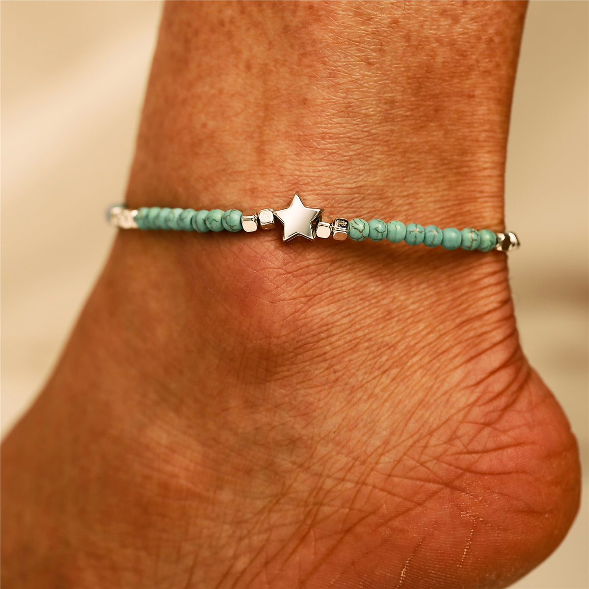 Turquoise and Silver-Plated Star Adjustable Anklet, silver anklet bracelet, vintage-inspired design, front view