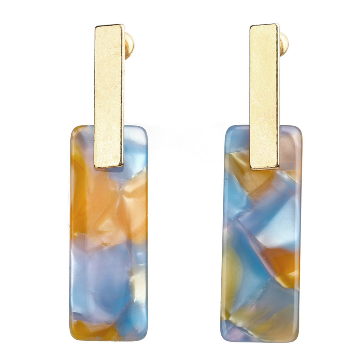 Blue Multicolor Acrylic and 18K Gold-Plated Tortoise Rectangle Drop Earrings, gold drop earrings for women, front view