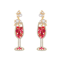 Red Imitation Pearl & Cubic Zirconia Wine Glass Drop Earrings