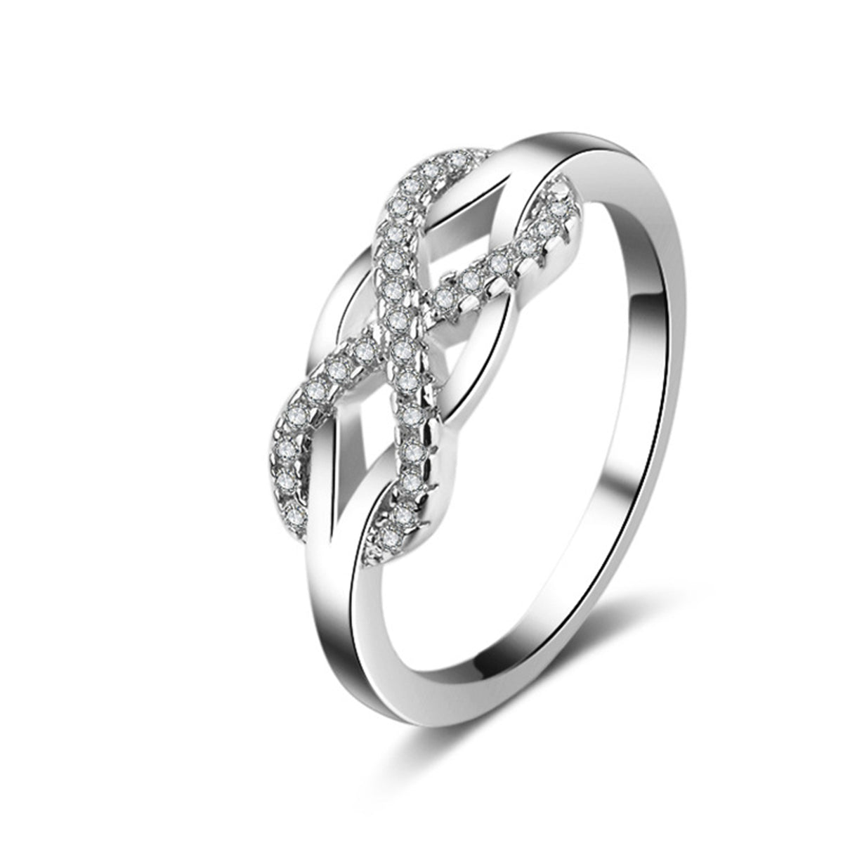 Cubic Zirconia and Silver-Plated Infinity Ring, silver statement rings for women, dainty minimalist design, front view
