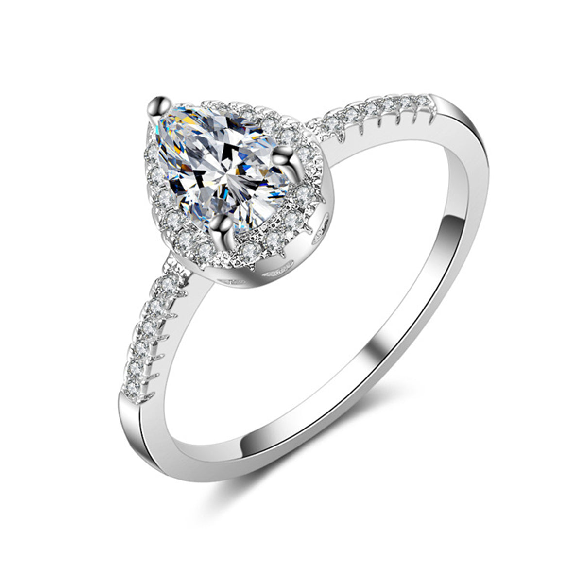 Pear-Cut Crystal and Silver-Plated Teardrop Ring, silver statement rings for women, everyday style, front view