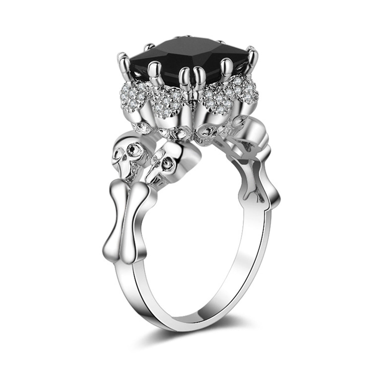 Black Crystal and Cubic Zirconia Skull Ring, statement rings for women, dainty minimalist design, detail close-up