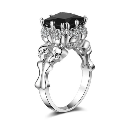 Black Crystal and Cubic Zirconia Skull Ring, statement rings for women, dainty minimalist design, detail close-up