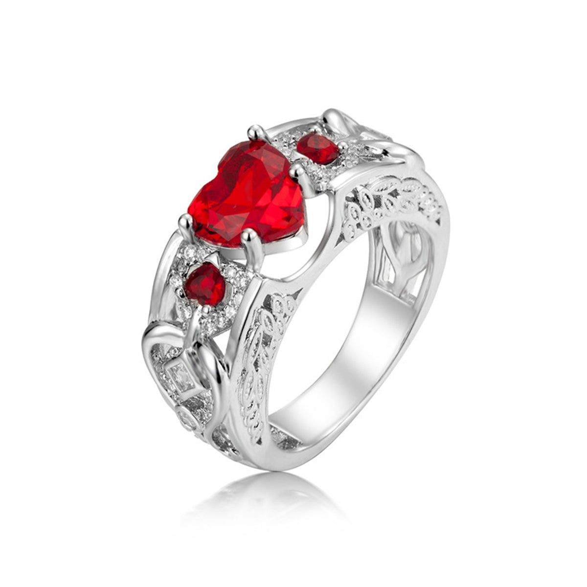 Red Crystal and Cubic Zirconia Heart Ring, statement rings for women, botanical inspired, detail close-up