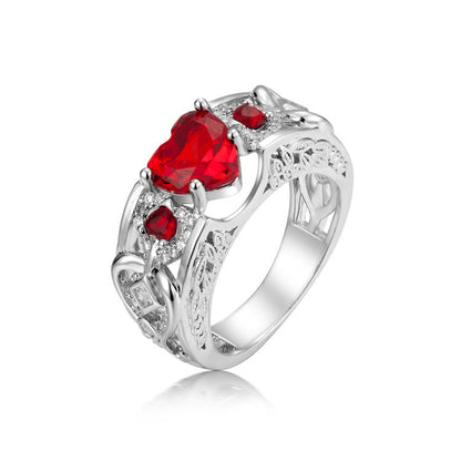 Red Crystal and Cubic Zirconia Heart Ring, statement rings for women, botanical inspired, detail close-up
