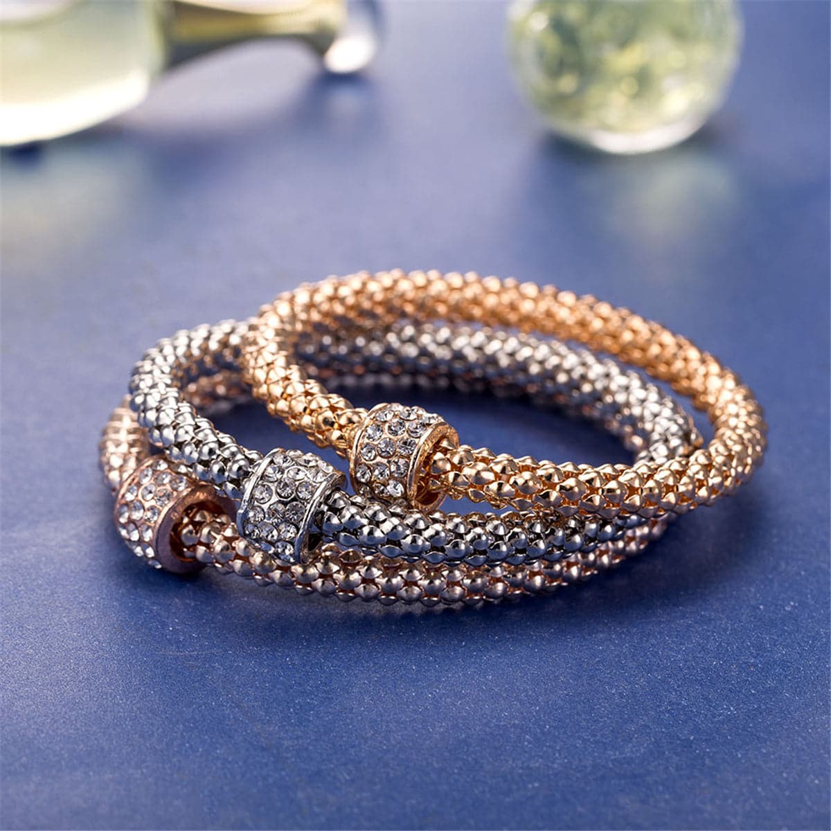 cubic zirconia & Tri-Tone Hollow Convex Bracelet Set - streetregion