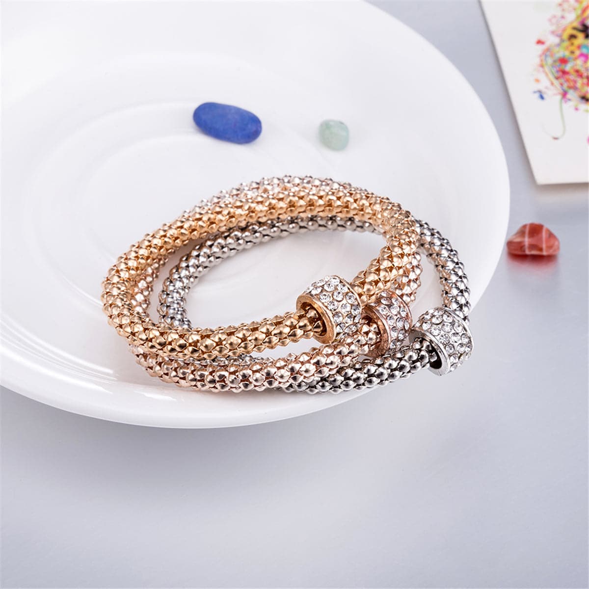 cubic zirconia & Tri-Tone Hollow Convex Bracelet Set - streetregion