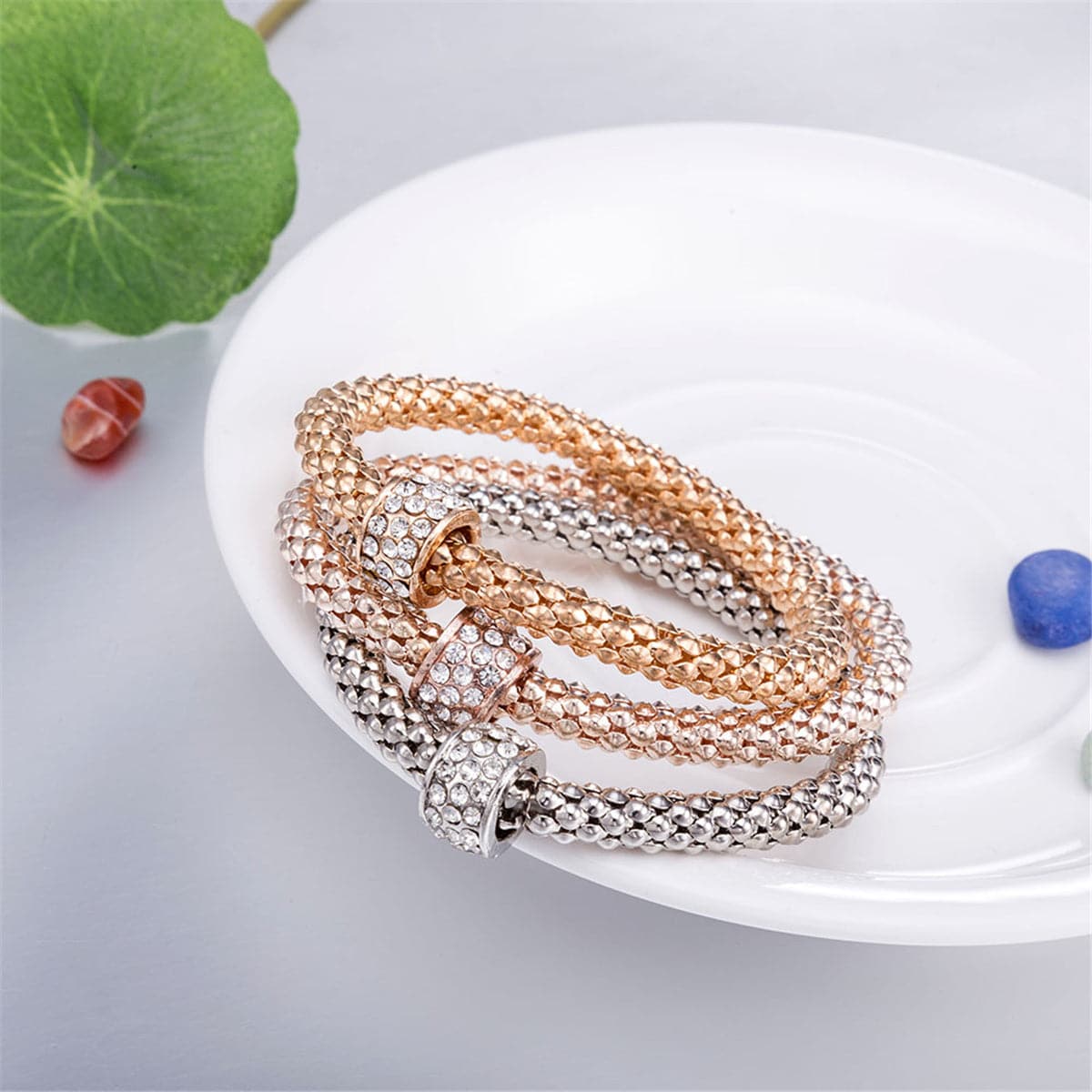 cubic zirconia & Tri-Tone Hollow Convex Bracelet Set - streetregion