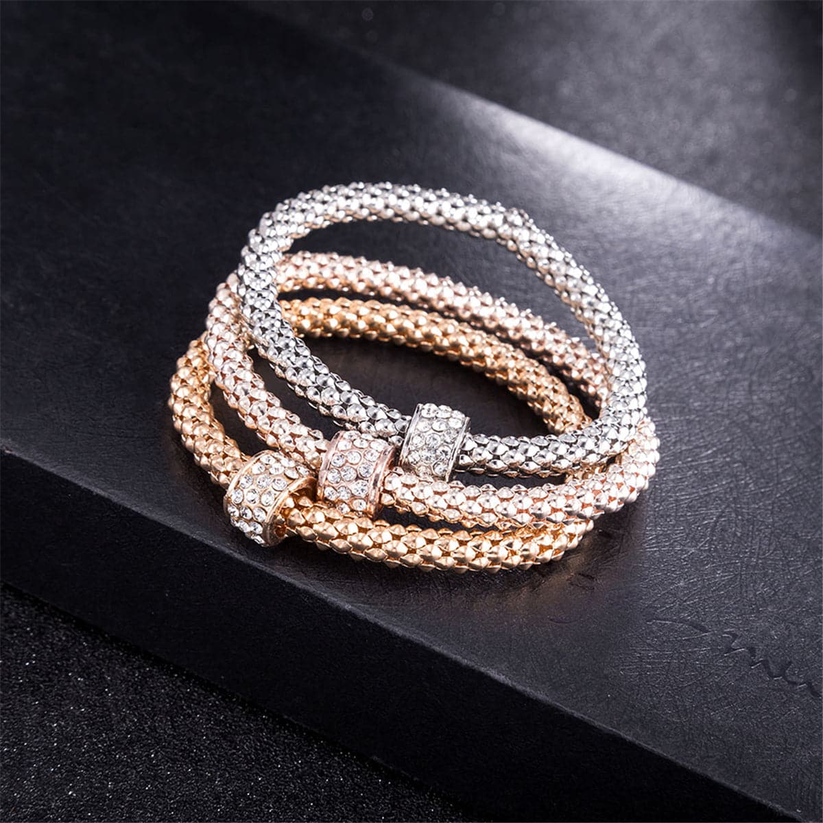 cubic zirconia & Tri-Tone Hollow Convex Bracelet Set - streetregion