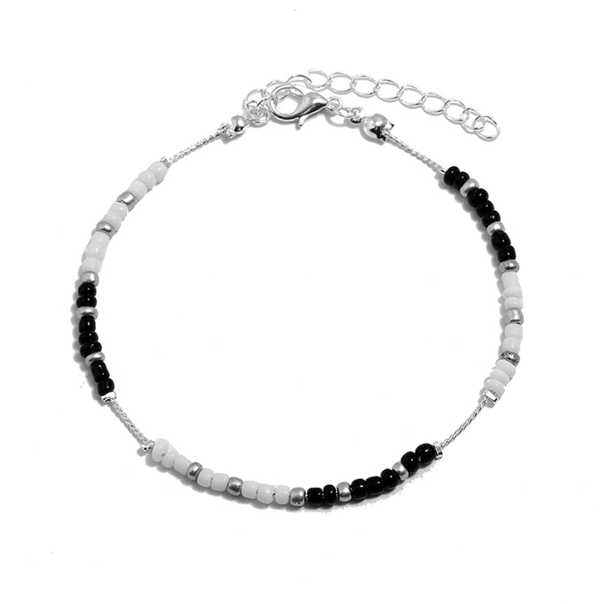Black Acrylic and Silver-Plated Bead Anklet, silver anklet bracelet, dainty minimalist design, front view