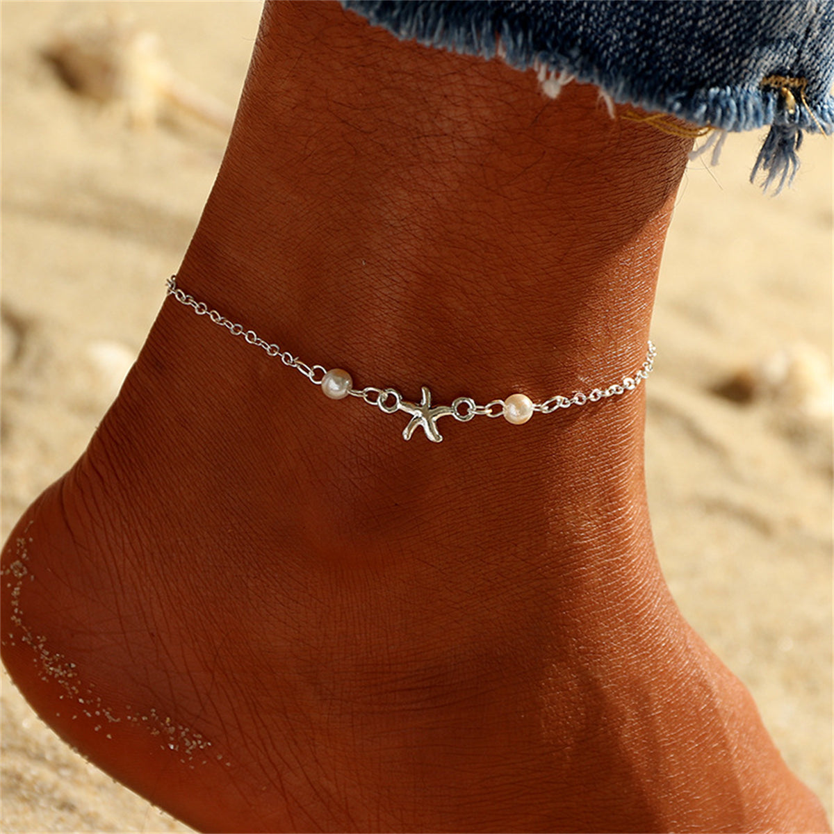 Pearl and Silver Plated Starfish Charm Anklet, silver anklet bracelet, elegant gift for her, front view