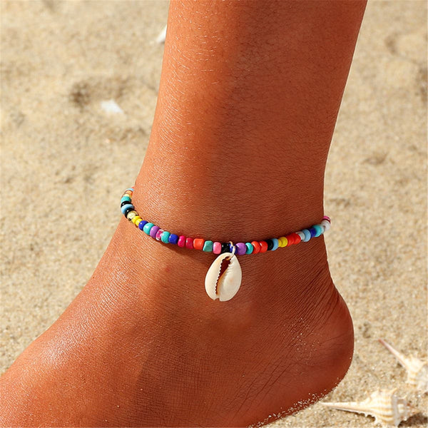 Turquoise & Cowrie Shell Beaded Stretch Anklet