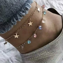 Colored Crystal & 18K Gold-Plated Star Layered Station Anklet