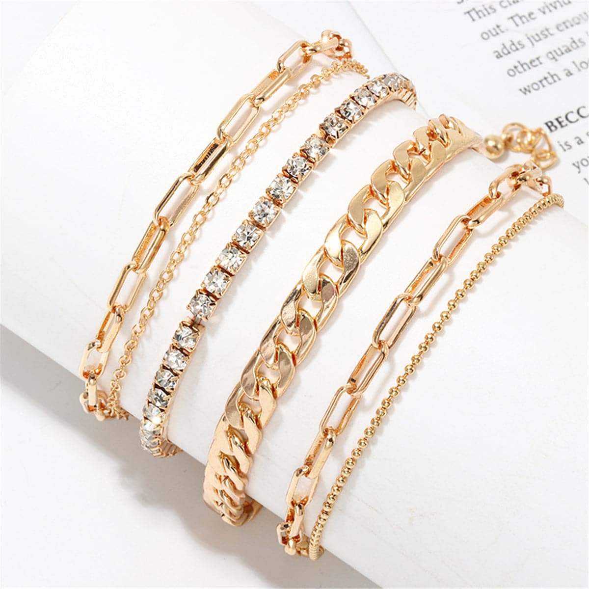 Cubic Zirconia and 18K Gold Plated Figaro Chain Anklet Set, jewelry gift sets for women, everyday style, front view