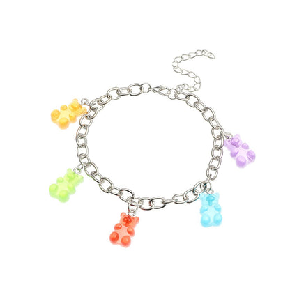 Rainbow Resin and Silver Plated Bear Station Anklet, silver anklet bracelet, everyday style, front view