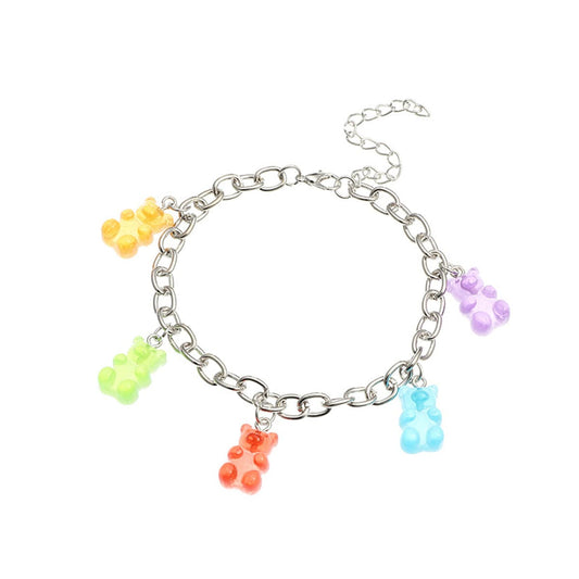 Rainbow Resin and Silver Plated Bear Station Anklet, silver anklet bracelet, everyday style, front view