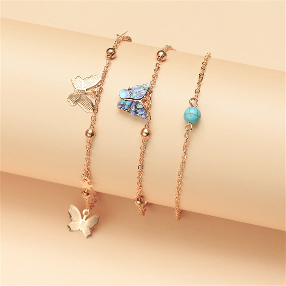 Abalone Shell and Turquoise 18k Gold-Plated Butterfly Anklet Set, jewelry gift sets for women, front view
