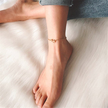 18K Gold-Plated Anchor Charm Anklet, gold anklet bracelet, vintage-inspired design, front view