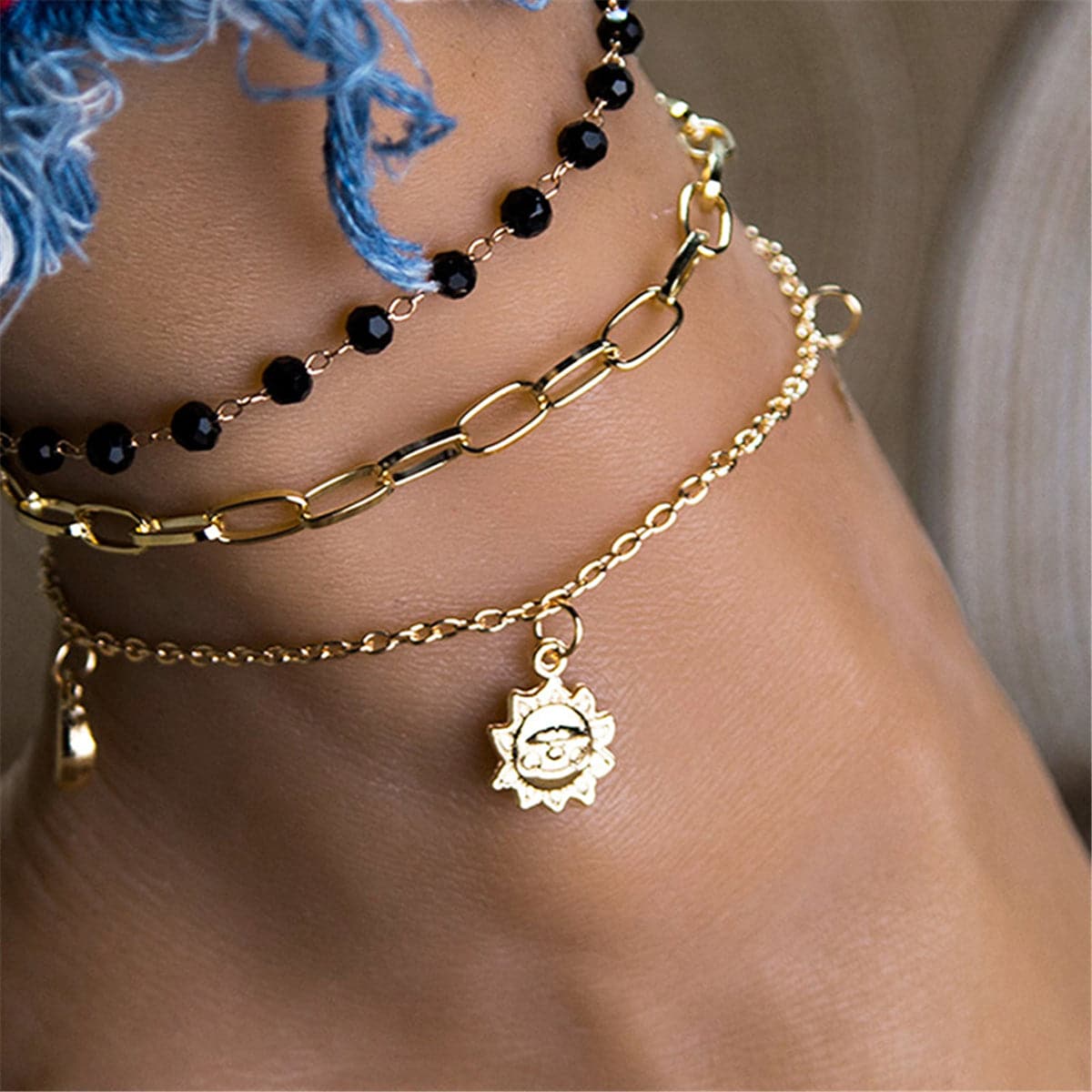Black Bead and 18K Gold Plated Sun Figaro Anklet Set, jewelry gift sets for women, everyday style, front view
