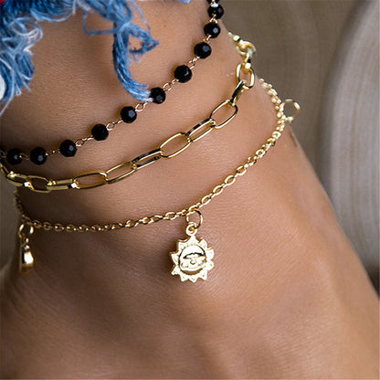 Black Bead and 18K Gold Plated Sun Figaro Anklet Set, jewelry gift sets for women, everyday style, front view