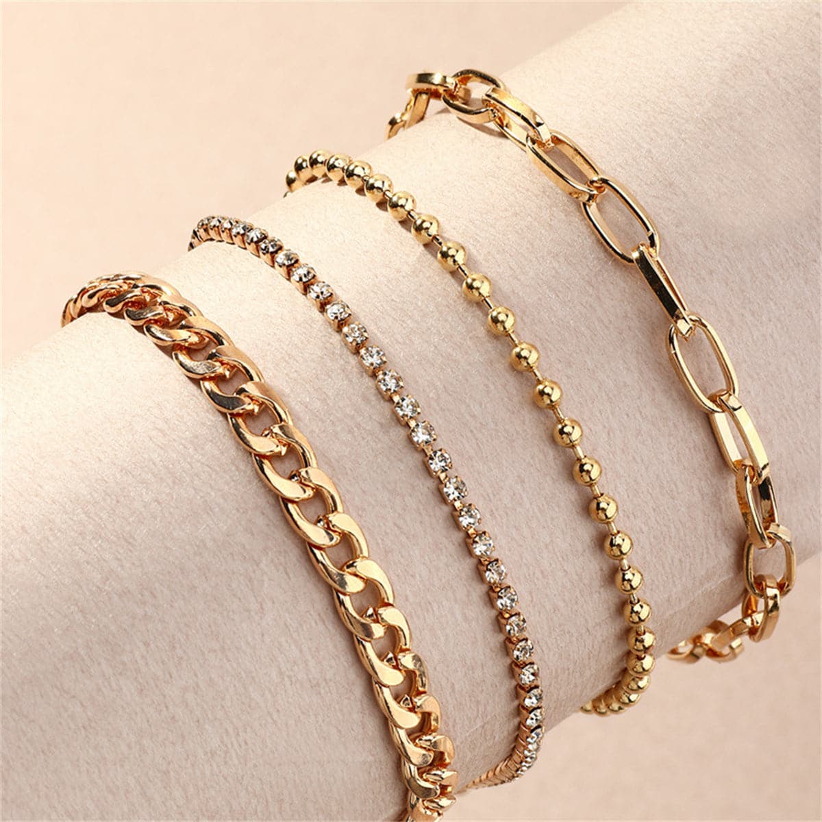 Cubic Zirconia and 18K Gold-Plated Figaro Bead Anklet Set, jewelry gift sets for women, vintage-inspired design, side view
