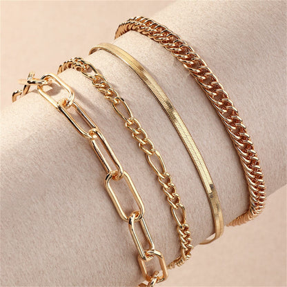 18K Gold-Plated Figaro and Snake Chain Anklet Set, jewelry gift sets for women, elegant gift for her, detail close-up