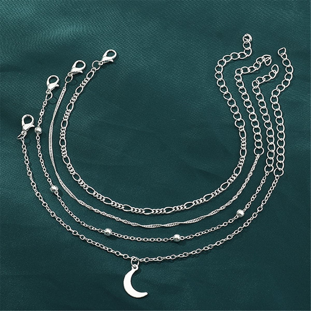 Silver-Plated Moon Charm Anklet Set, jewelry gift sets for women, dainty minimalist design, front view