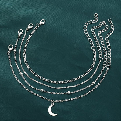 Silver-Plated Moon Charm Anklet Set, jewelry gift sets for women, dainty minimalist design, front view