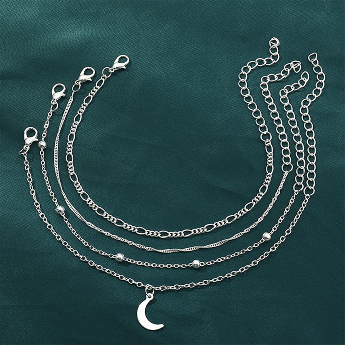 Silver-Plated Moon Charm Anklet Set