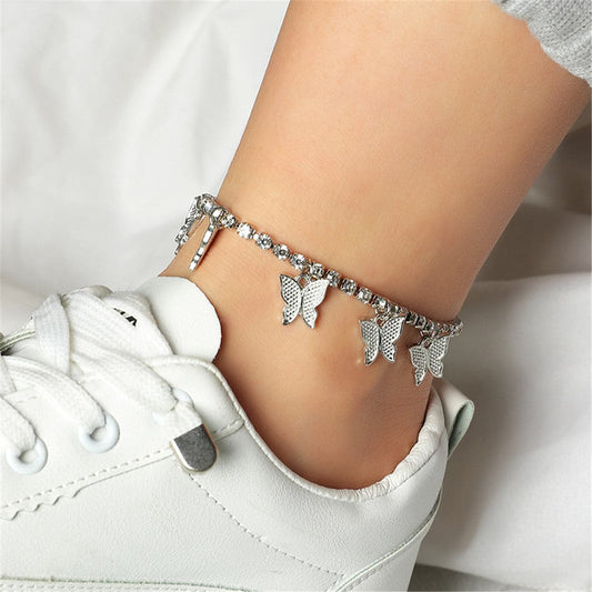 Cubic Zirconia and Silver-Plated Butterfly Station Anklet, silver anklet bracelet, everyday style, front view