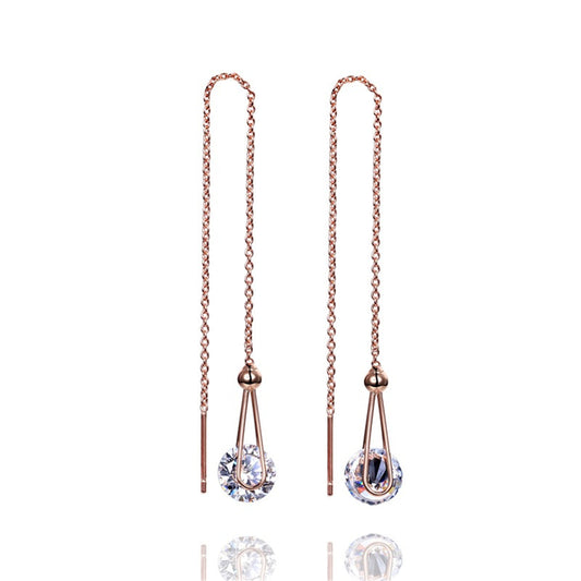 Cubic Zirconia and 18K Rose Gold-Plated Threader Earrings, rose gold drop earrings for women, front view