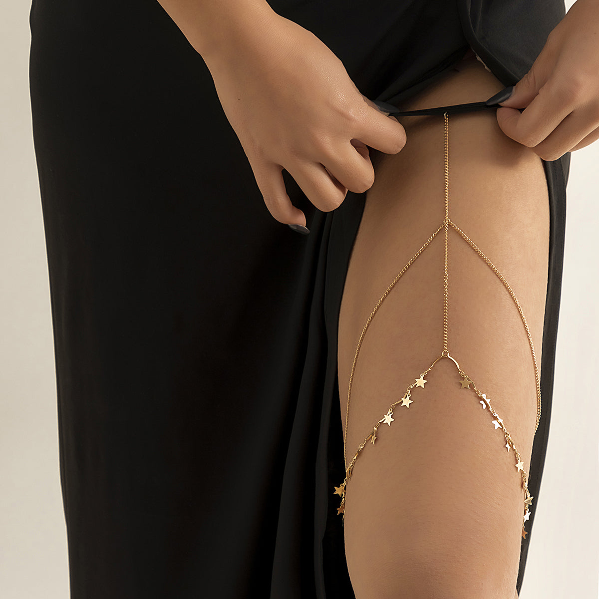 Nylon and 18K Gold-Plated Star Layered Leg Chain, gold pendant necklace for women, dainty minimalist design, side view
